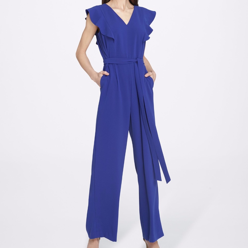 Tahari Ruffled V Neck Crepe Jumpsuit Blue Size 10